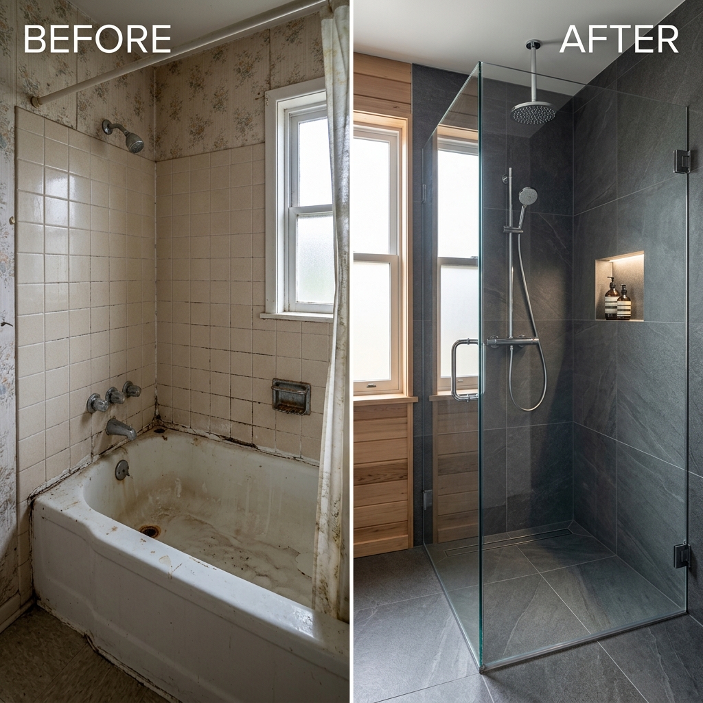 Before and After Bathroom Remodel Littleton CO - Tub to Shower Conversion by Discount Bath LLC Denver